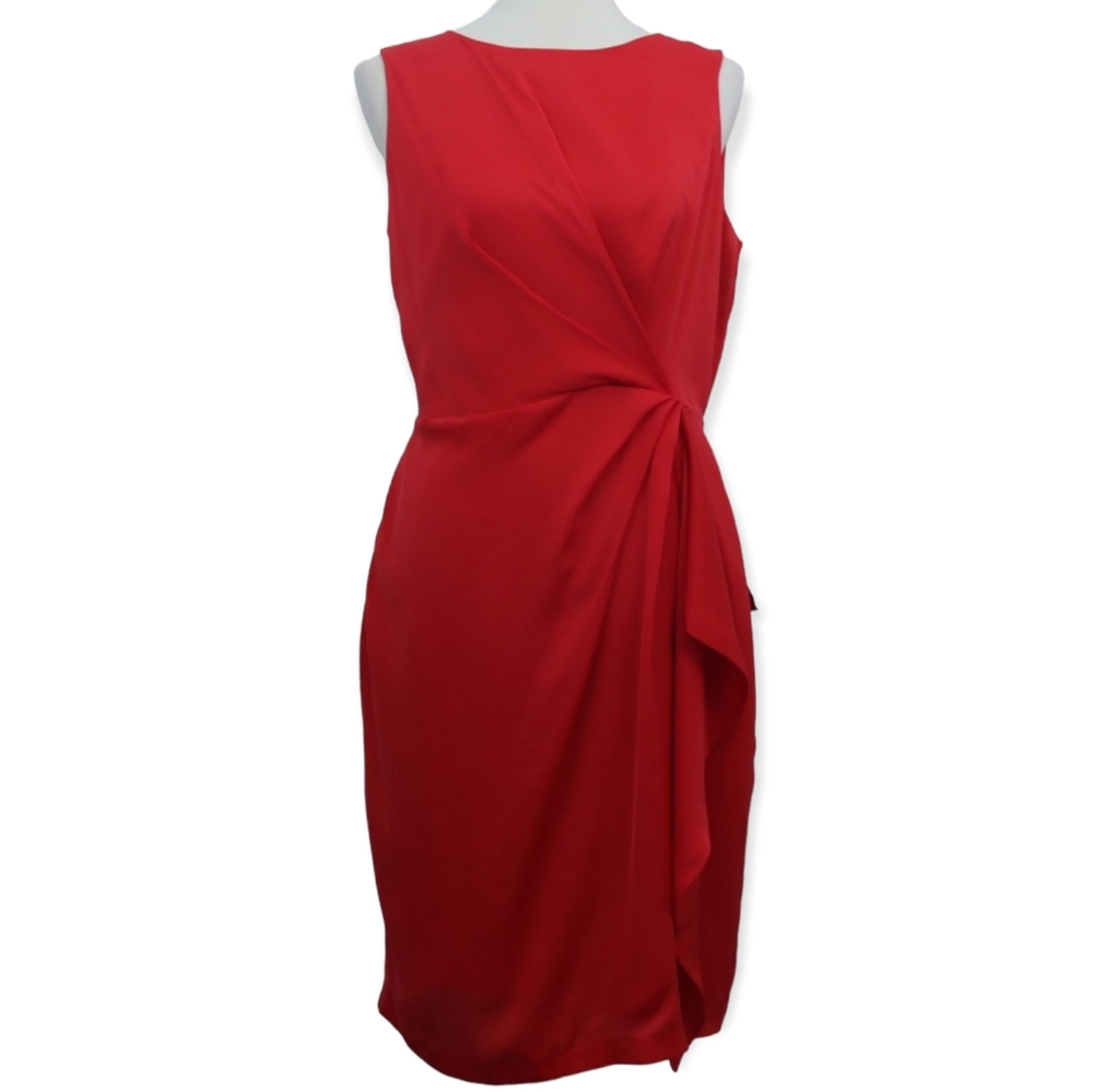 Truth & Fable Red Satin Waterfall Ruffle Midi Dress